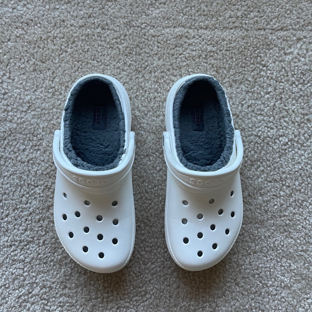 White and Gray Fluffy Crocs